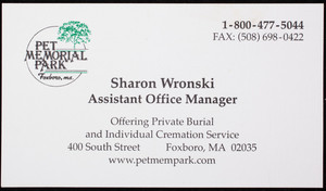 Business card for Pet Memorial Park, 400 South Street, Foxboro, Mass., undated