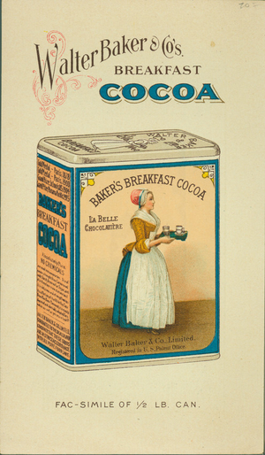 Trade card for Walter Baker & Co's Breakfast Cocoa, maufactured by Walter Baker & Company, Dorchester, Mass., undated