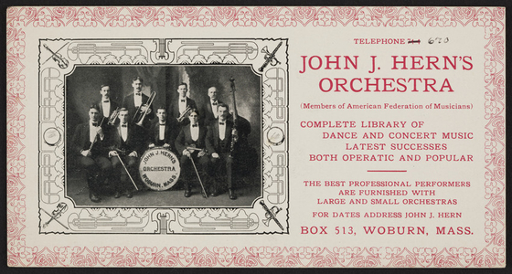 Trade card for John J. Hern's Orchestra, Box 513, Woburn, Mass., undated