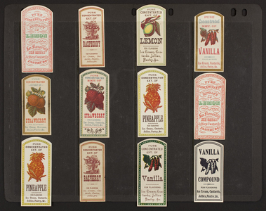 Sheet of extract labels, location unknown, undated