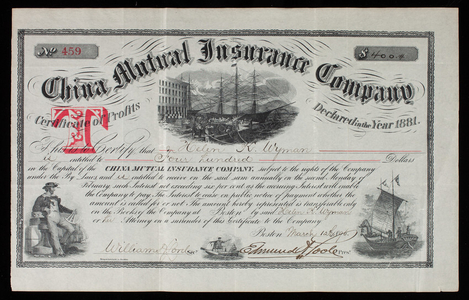Certificate of profits, no. 459, for the China Mutual Insurance Company, Boston, Mass., dated March 12, 1896