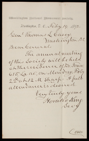 Horatio C. King to Thomas Lincoln Casey, February 19, 1892