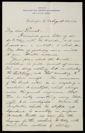 Bernard R. Green to Thomas Lincoln Casey, August 22, 1894