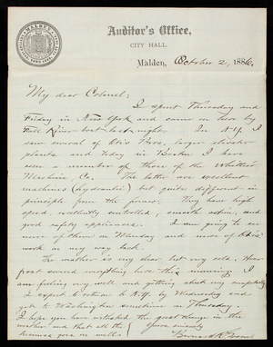 Bernard R. Green to Thomas Lincoln Casey, October 2, 1886