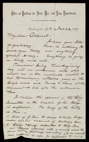 Bernard R. Green to Thomas Lincoln Casey, November 23, 1887