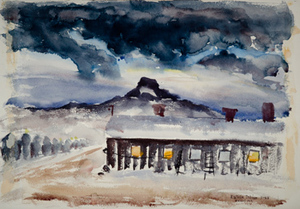 "Heart Mt." [View of building, Japanese Relocation Center, Heart Mountain, Wyoming]