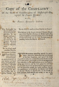 Copy of the Complaint of the House of Representatives of Massachuset’s-Bay, against Sir Francis Bernard: With Sir Francis Bernard’s Answer