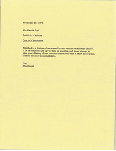 Memorandum from Judy A. Chilcote to worldwide staff