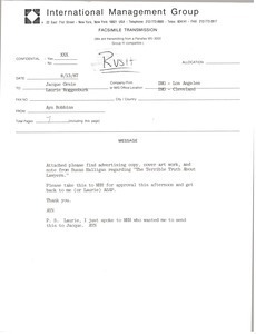 Fax from Ayn Robbins to Jacque Orsie and Laurie Roggenburk