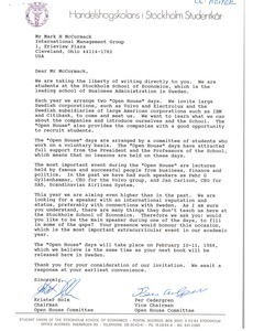 Letter from Krister Holm to Mark H. McCormack