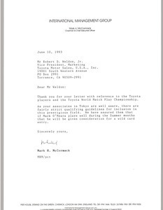 Letter from Mark H. McCormack to Robert D. Weldon, Jr.