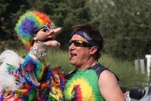 Rick Skye and Madame, the multicolored puppet : Provincetown Carnival parade