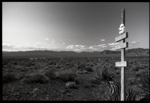 Sign post at the Nevada Test Site peace encampment reading 'Peace is strength'