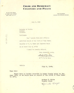 Letter from Quincy Registry of Births to W. E. B. Du Bois