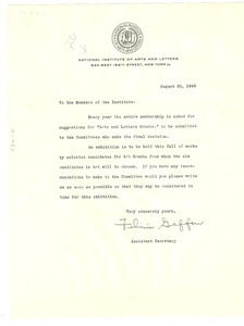 Circular letter from National Institute of Arts and Letters to W. E. B. Du Bois
