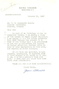 Letter from Jean Atwell to W. E. B. Du Bois