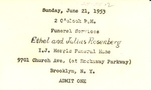 Ticket to funeral of Ethel and Julius Rosenberg