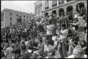 Demonstration at State House against the killings at Kent State: protesters on State House steps applauding