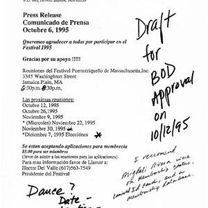 Annotated draft of October 6, 1995 press release for BOD approval