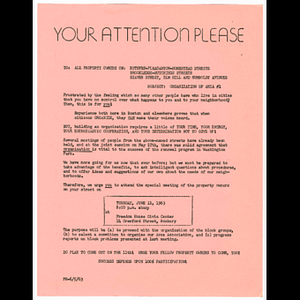 Memorandum to Ruthven, Pleasanton, Homestead, Brookledge, Hutchings, Seaver Streets, Elm Hill, and Humboldt Avenue property owners concerning meeting to be held June 11, 1963