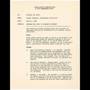 Memorandum from Samuel Thompson to Tad Tercyak and Walter Smart about program for community meeting to be held April 26, 1966