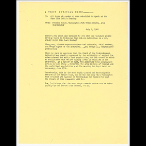 Memorandum from Freedom House to all those who spoke or were scheduled to speak at the June 25 public hearing about Boston Redevelopment Authority's response to the hearing