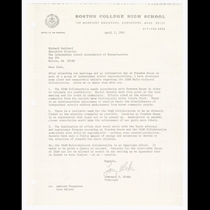 Letter from Lawrence D. Blake to Richard Barbieri about Independent School Association of Massachusetts (ISAM) Multi-Cultural Collaborative