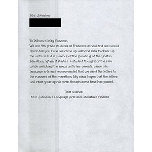 Letter to Boston Medical Center from Mrs. Johnson's Language Arts and Literature Class (Frederick School)