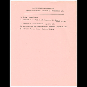 Washington Park Steering Committee tentative subject agenda for August 7, - September 11, 1961