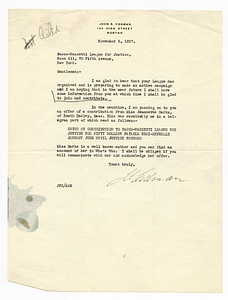 Letter from John S. Codman to the Sacco-Vanzetti League for Justice [Sacco-Vanzetti National League], November 3, 1927