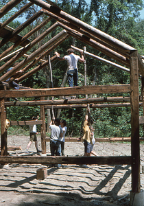 Rafter forks at work at the Moon Barn Raising at entrance to Hopkins Forest on 2 August 1975.