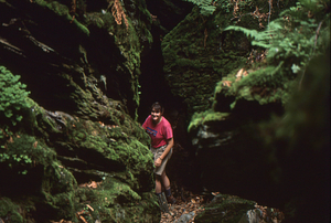 Catherine Richardson, Williams Class of 1988, at entrance of the Snow Hole, off Taconic Crest Trail, Petersburg, NY