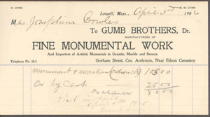 Cemetery monument receipt, 1906 April 3