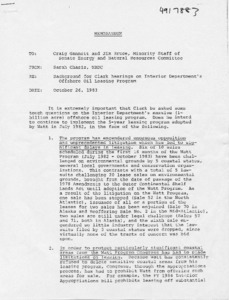 Memo to Craig Gannett and Jim Bruce, from Sarah Chasis, regarding Background for Clark Hearings on Interior Department's Offshore Oil Leasing Program