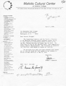 Letter to Paul Tsongas from Zenon S. Zannetos inviting attendance to testimonial dinner for Mr. and Mrs. Costas Maliotis