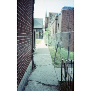 An alleyway running alongside the ruins of the former Shawmut Congregational Church.