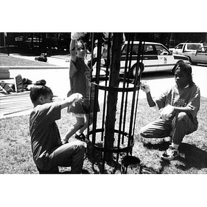 Two girls and a boy hard at work painting a tree guard in a park in the Villa Victoria neighborhood.