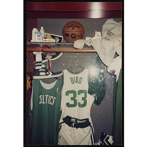 A photograph of an exhibit featuring the Boston Celtic's Larry Bird's locker at the New England Sports Museum