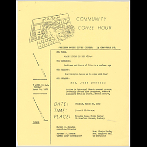 Flier for Community Coffee Hour featuring Mrs. John Burgess about safety and religion in the nuclear age