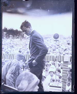 Lindbergh about to address the crowd, Concord, N.H., 1927