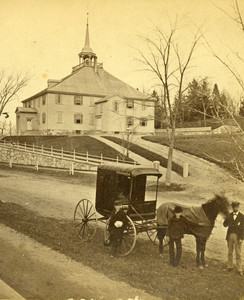 Exterior of Old Ship Church, Hingham, Mass., with horse and carriage