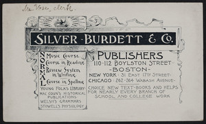 Trade card for Silver-Burdett & Co., publishers, 110-112 Boylston Street, Boston, Mass., undated