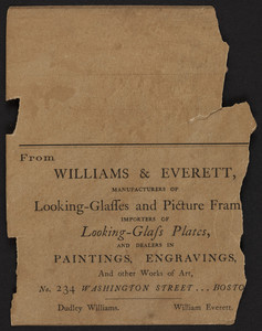 Advertisement for Williams & Everett, looking glasses and picture frames, No. 234 Washington Street, Boston, Mass., undated