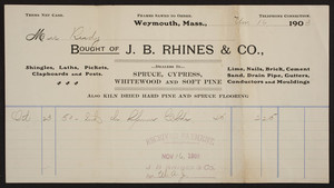 Billhead for J.B. Rhines & Co., lumber, Weymouth, Mass., dated 1903