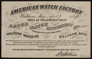 Trade card for American Watch Factory, Waltham Watch Co., Waltham, Mass., dated April 9, 1869