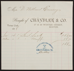 Billhead for Chandler & Co., 27 & 29 Winter Street, Boston, Mass., dated November 18, 1878