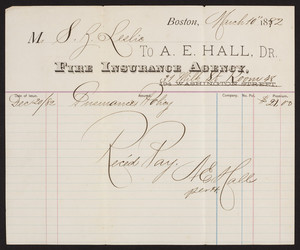 Billhead for A.E. Hall, Dr., fire insurance agency, 31 Milk Street, Boston, Mass., dated March 10, 1882