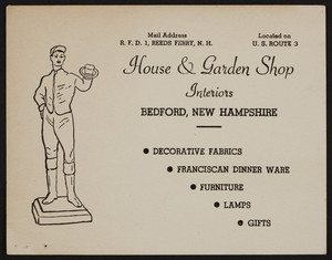 Trade card for the House & Garden Shop, interiors, Bedford, New Hampshire, undated