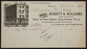 Billhead for Burditt & Williams, jobbers and retailers of builders' and general hardware, cutlery, carpenters' tools, 18 & 20 Dock Square, and 30 Faneuil Hall Square, Boston, Mass., dated June 11, 1890