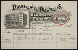 Bigelow & Dowse Co., hardware, cutlery and bicycles, 229 Franklin Street, between Oliver & Pearl, Boston, Mass., dated November 12, 1897